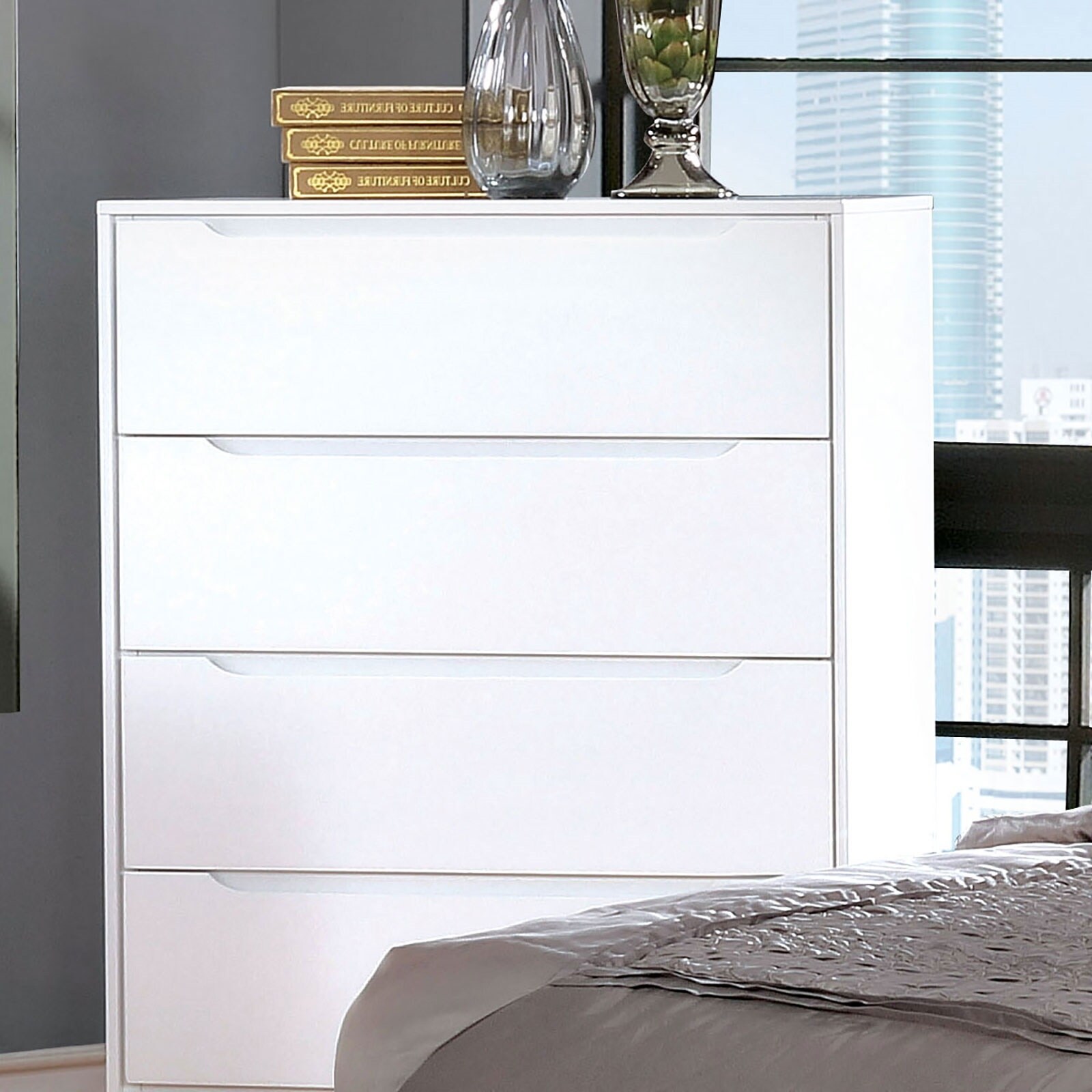 Modern Mid-Century Chest Four Drawers Recessed Handle Tapered Round Legs White Finish Bedroom