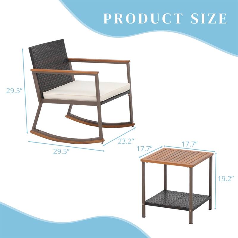 3 Pieces Rocking Wicker Bistro Set, Patio Outdoor Furniture Conversation Sets with Porch Chairs and Glass Coffee Table