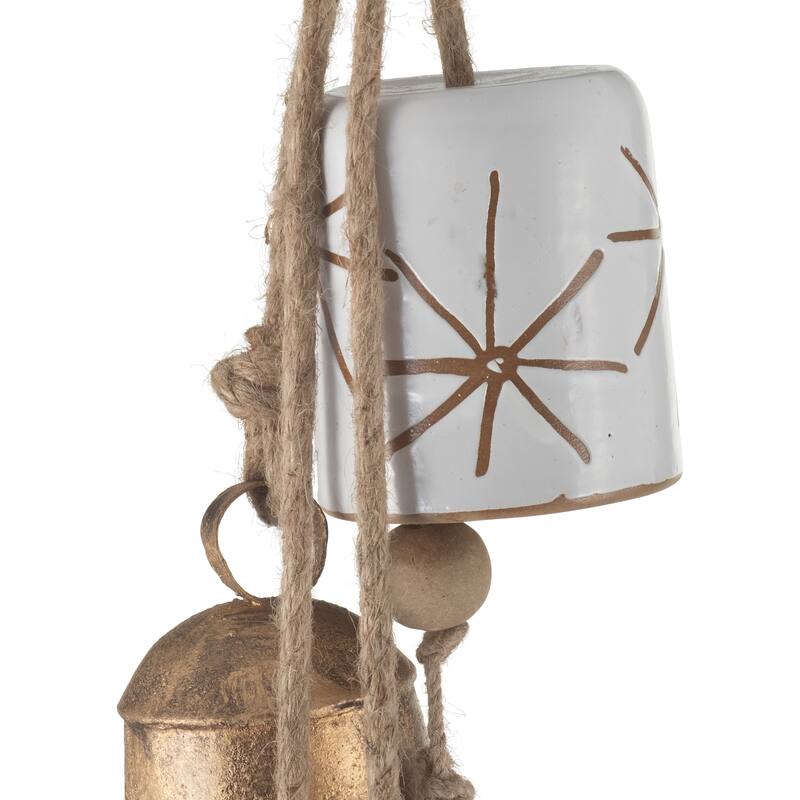 28" Metal Wind Chimes Contemporary Rustic White and Gold Outdoor Wind Chime Bells Iron and Ceramic Peaceful Home or