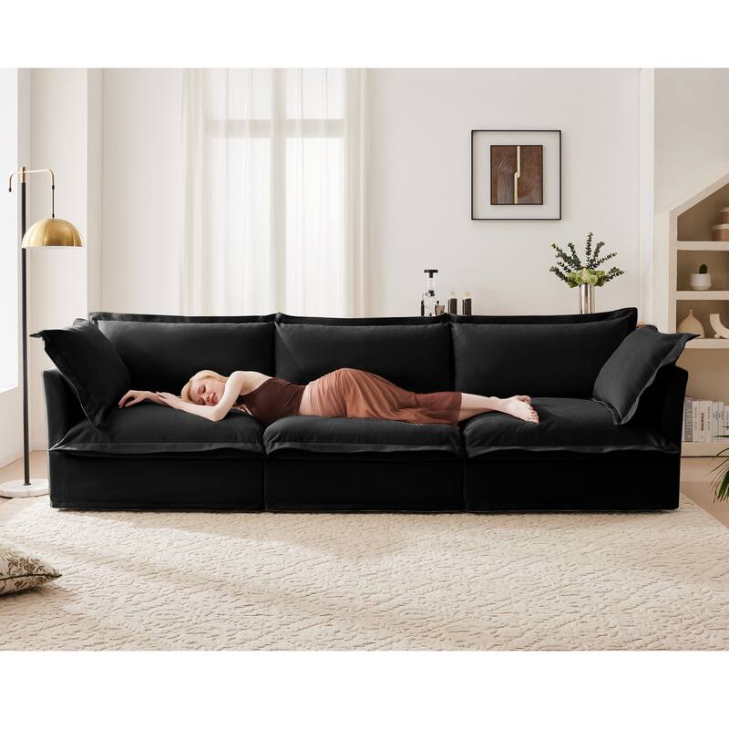 Slipcovered Sofa Couch, Modern 3 Seater Sofa with Suppleness Armrests, Chenille Fleece Deep Seat Sofa - Black