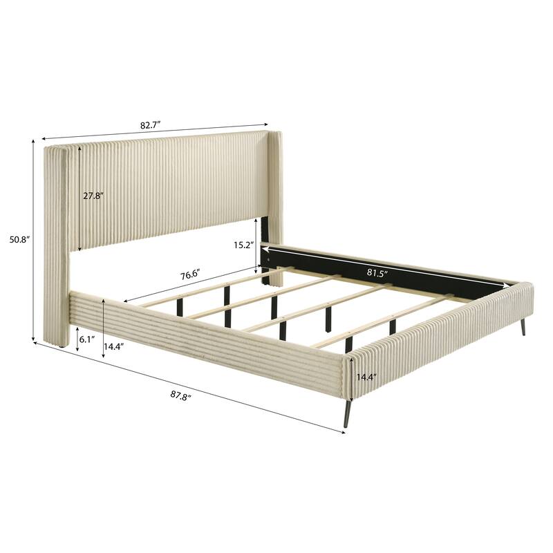 King Size Upholstered Panel Bed Set with 2 Nightstands and Wingback Headboard
