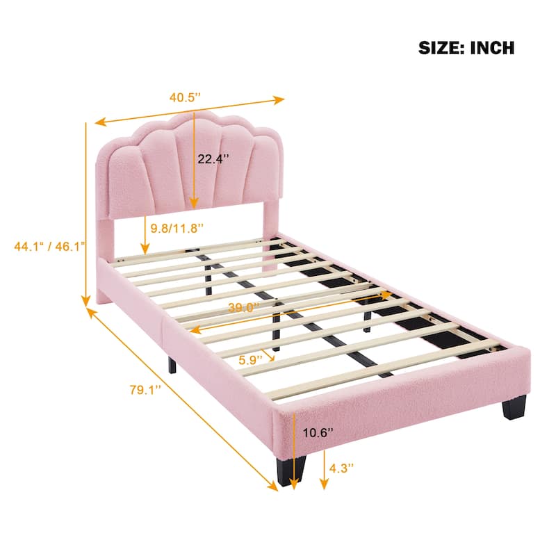 Pink Twin Size Sherpa Fabric Upholstered Platform Bed with Elegant Flowers Headboard and Wooden Slats Support