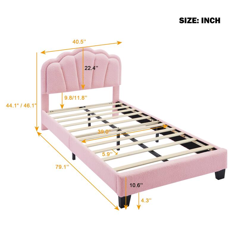 Twin Size Flower-Shape Upholstered Bed with LED Light Strip, Adjustable Headboard, Pink
