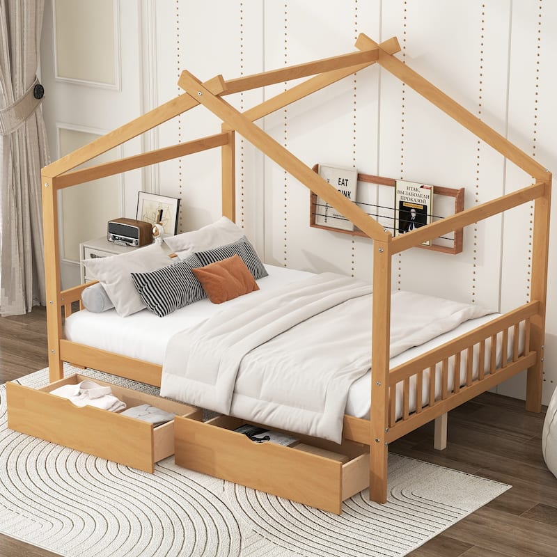 House-Shaped Full Size Platform Bed with Storage Drawers, Headboard & Roof Design