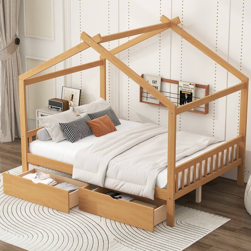 Roomfitters Full Size House Platform Bed with Drawers and Roof Frame, Wood Bed with Headboard and Footboard, Natural