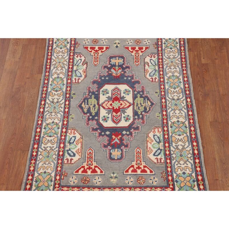 Geometric Kazak Accent Rug Handmade Grey Wool Carpet - 3'1" x 5'1"