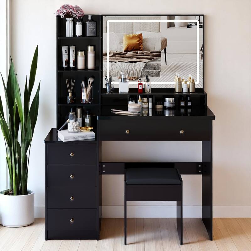 Makeup Vanity Desk with Extra Large Lighted Mirror, Left Drawer Cabinet, Adjustable LED Lighting, and Stool for Bedroom - Black