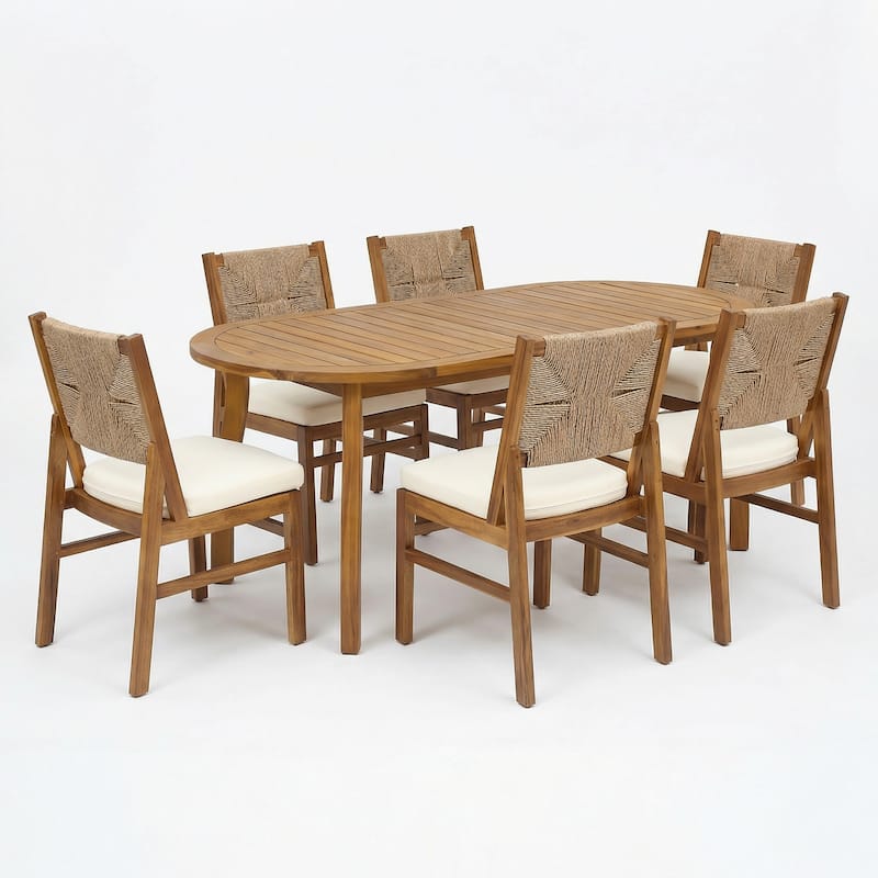Christopher Knight Home - Arly Outdoor Acacia Wood Dining Set with Woven Wicker Chairs & 70" Oval Dining Table