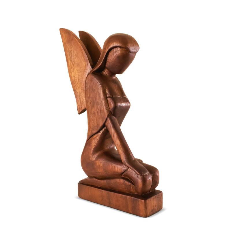 12" Wooden Handmade Abstract Sculpture Statue Handcrafted "Kneeling Angel" Gift Home Decor Figurine Accent Artwork Hand Carved