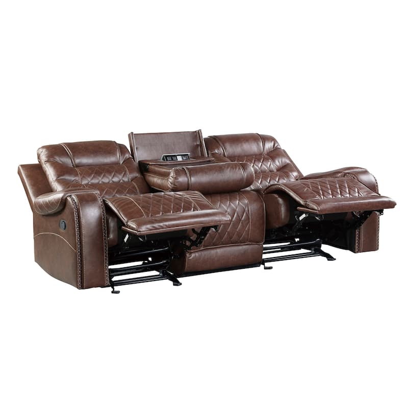 Paul 87 Inch Manual Recliner Sofa, Drop Table Cupholders Brown Faux Leather