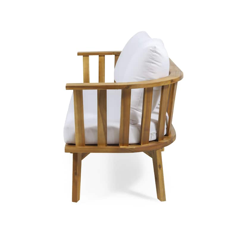 Roomfitters Outdoor Wooden Loveseat with Cushions, White and Teak Finish, Weather-Resistant Teak Wood