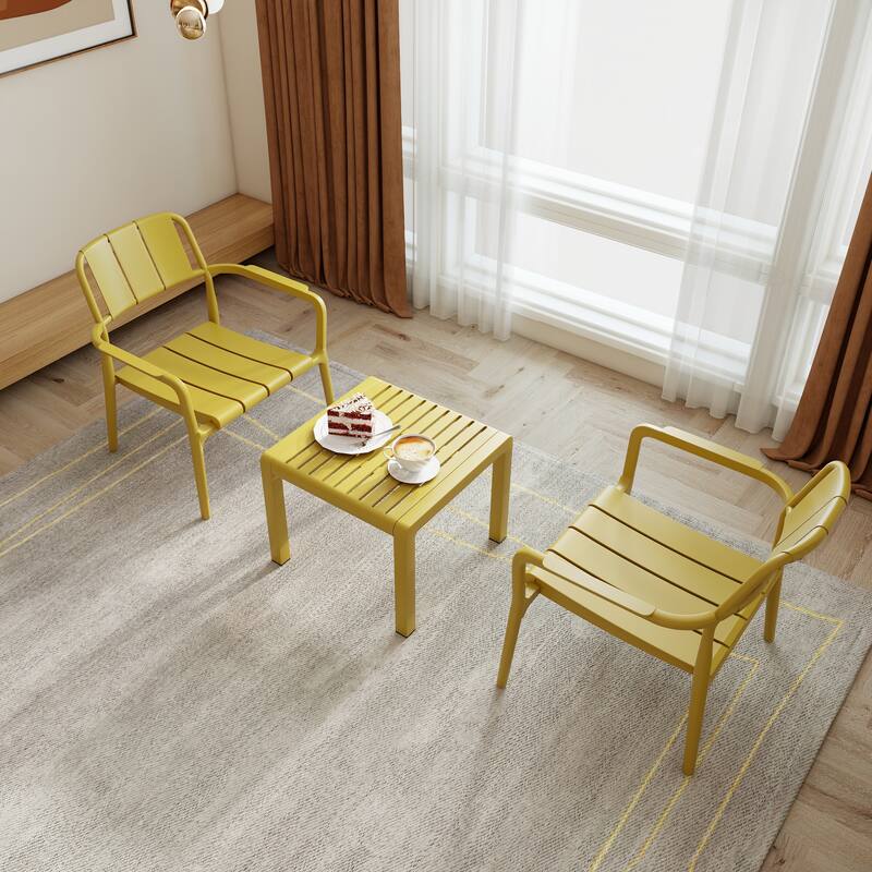 2-Piece PP Single-Seater Chairs + Coffee Table Set - Indoor/Outdoor Multi-Purpose Furniture for Living Room, Balcony, Beach - Brick Yellow