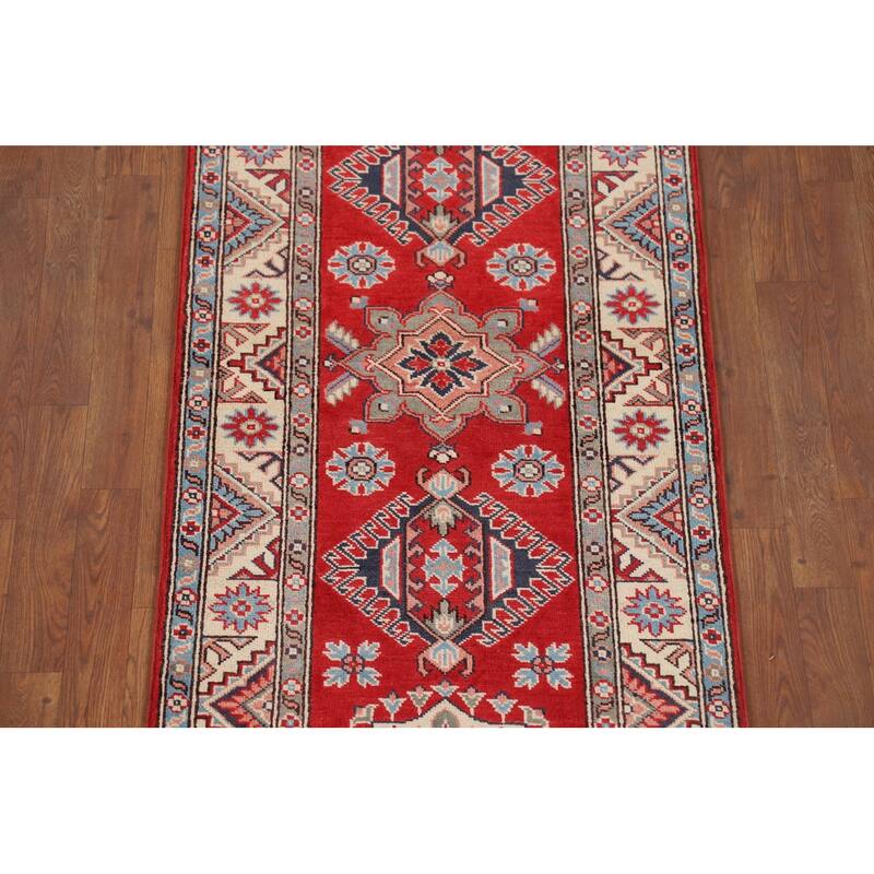 Geometric Kazak Oriental Runner Rug Hand-Knotted Red Wool Carpet - 2'8" x 9'7"