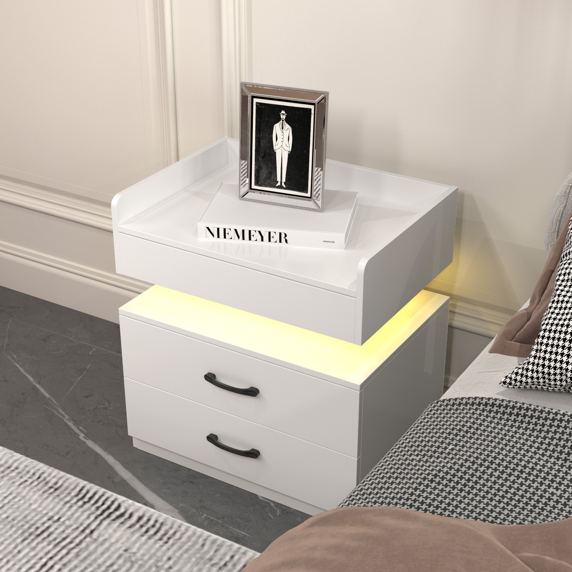 Adjustable LED Nightstand with 2 Drawers, Large Storage, Multi-purpose Design for Bedroom, Living Room, Study - White