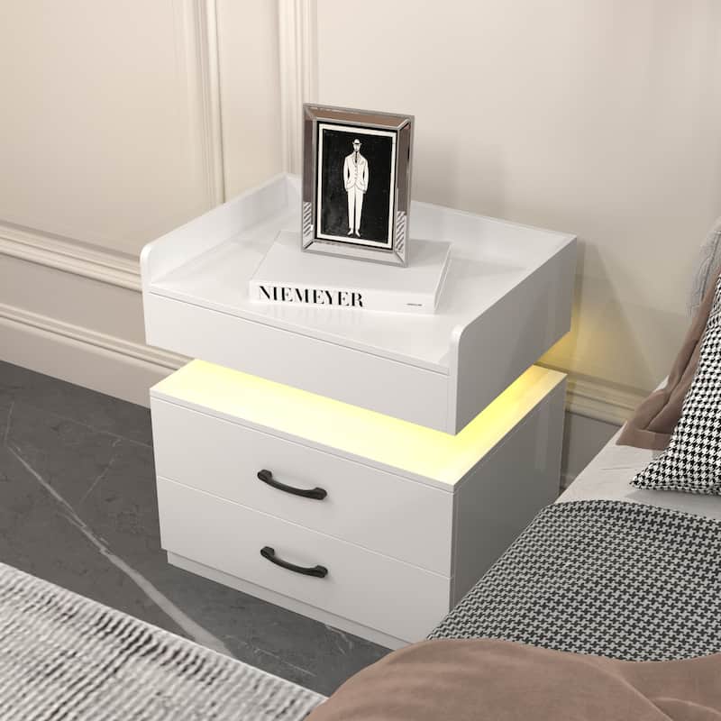 Anmytek Modern White Nightstand with Charging Station LED Lights and 2 Drawers Waterproof Bedside Table - White