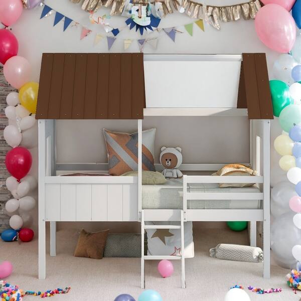 slide 2 of 15, Elegant Twin Size Low Loft Wood House Bed with Two Side Windows, Superior Quality & Better Sleeping Environment, White+Brown Brown
