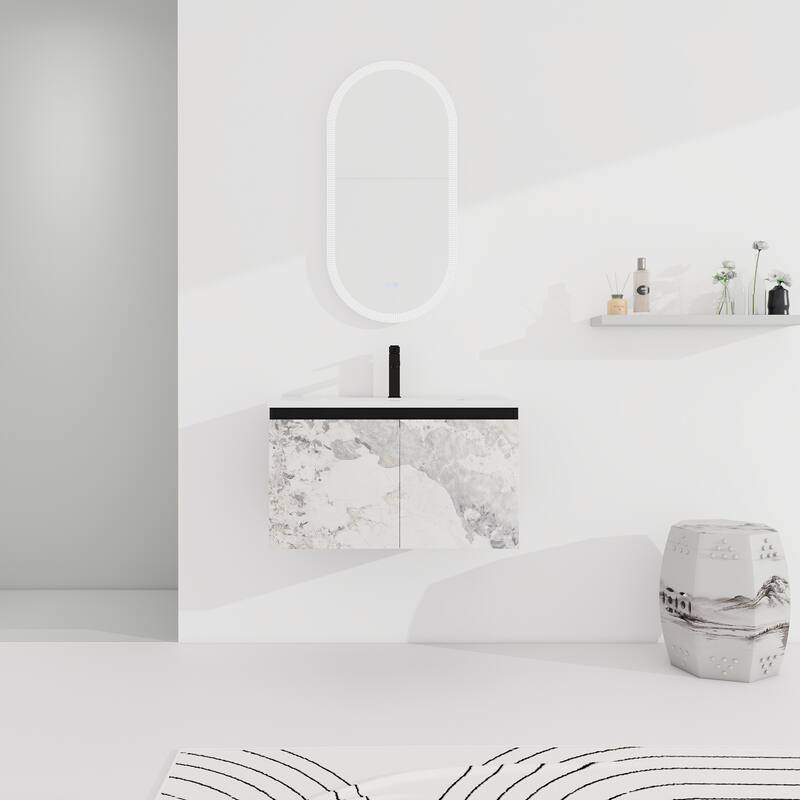 30" Floating Wall-Mounted Bathroom Vanity with Soft-Close Door Hinges, Ceramic Sink & Ample Storage - 30in L Plywood - 30" Marbling+Hattich Hinge