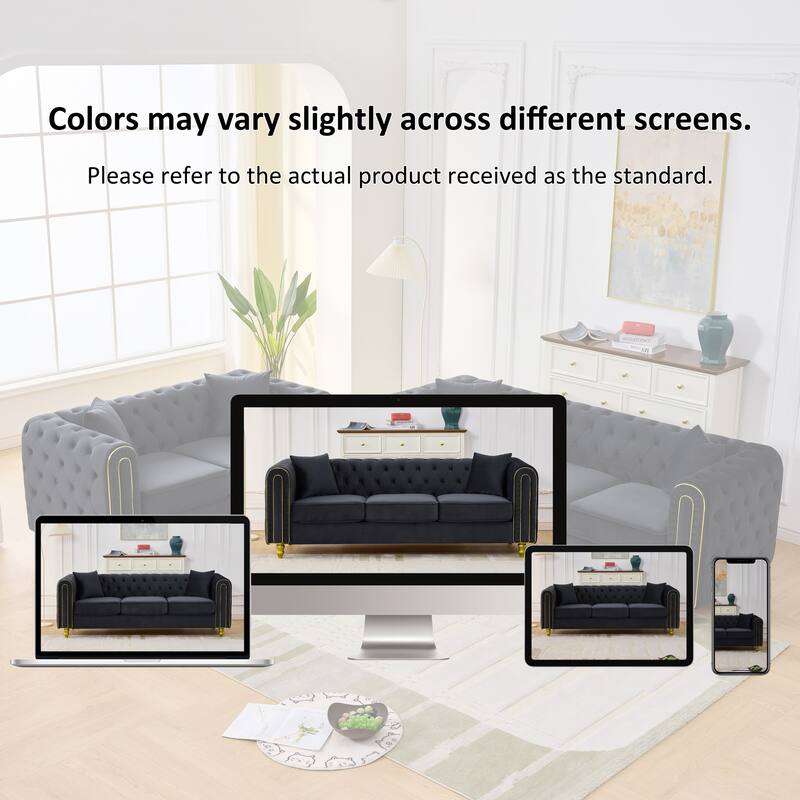 Roomfitters Two 86" Modern Upholstered Tuxedo Chesterfield Sofa Set with Gold Trim, Button Back 2-Piece Couch Set