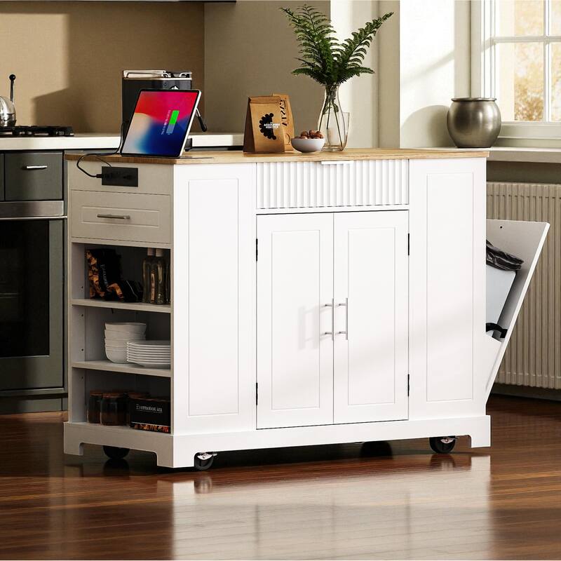 47" Fluted Kitchen Island with Trash Can Cabinet, Power Outlet, Rubber Wood Top, Rolling Storage Cart with Drawers & Side Racks