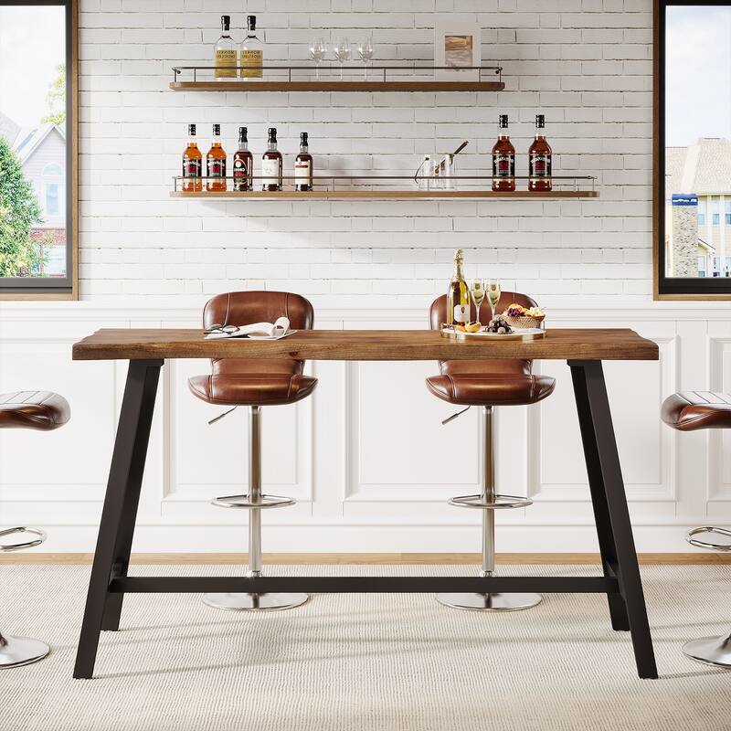 Solid Wood Bar Table, 55.1-Inch Counter Height Pub Table with Sturdy Metal Frame