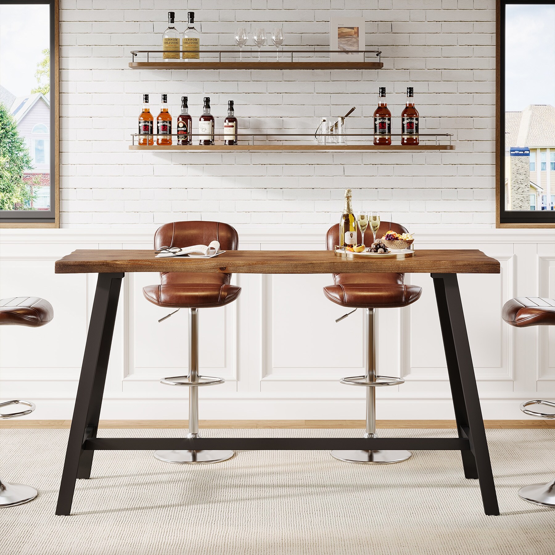 Solid Wood Bar Table, 55.1-Inch Counter Height Pub Table with