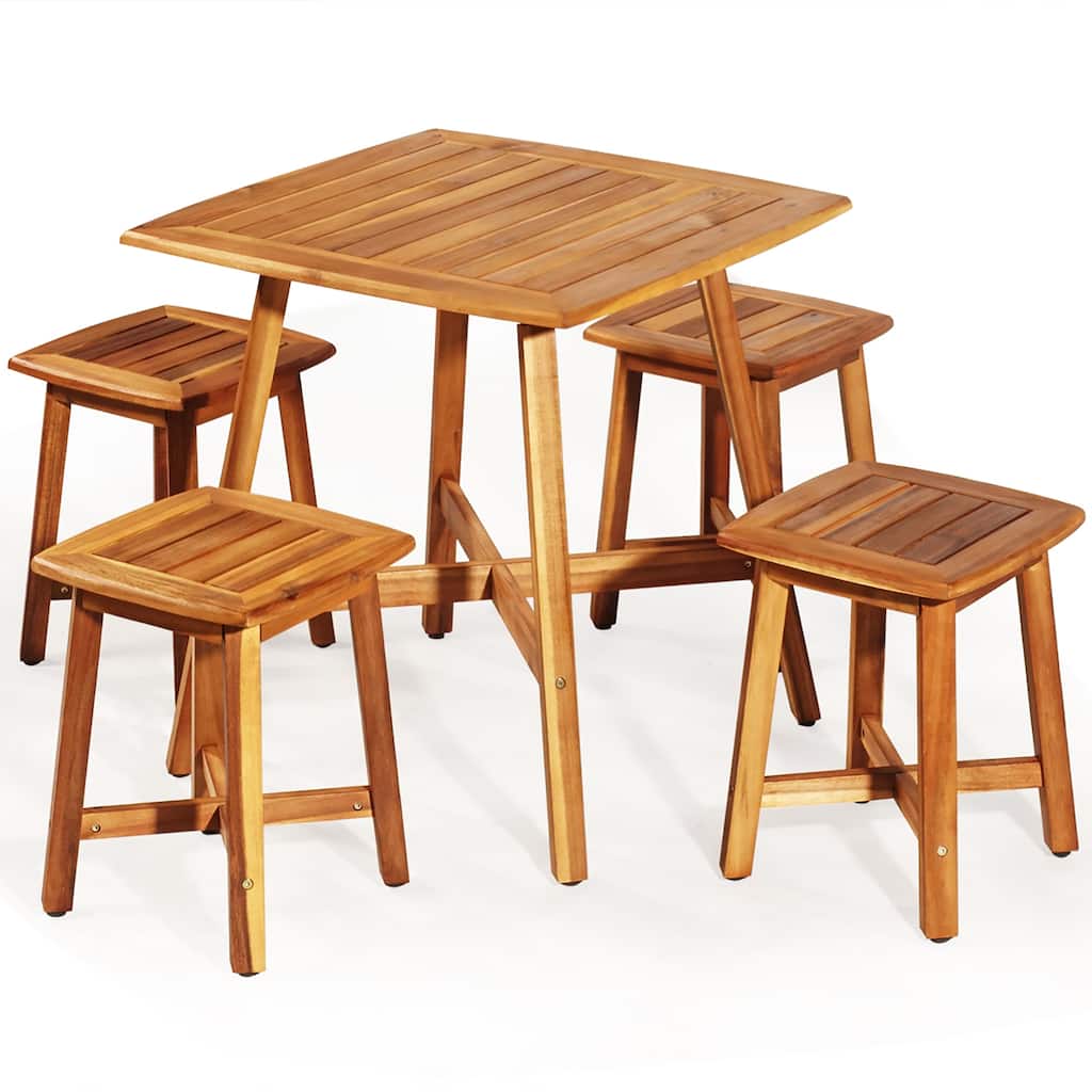 Costway 5PCS Acacia Patio Dining Set W/Square Table & 4 Stools Reddish
