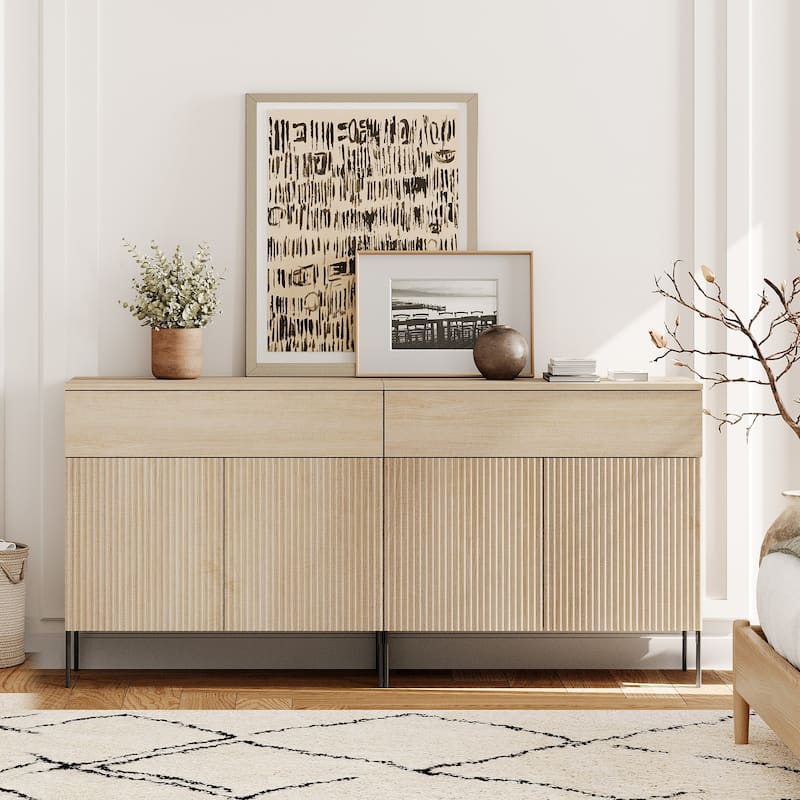 4 Pcs Bedroom Set，Wooden Dresser and Nightstand Sets, Reeded Dresserwith Doors, Night Stand of 2 with Charging