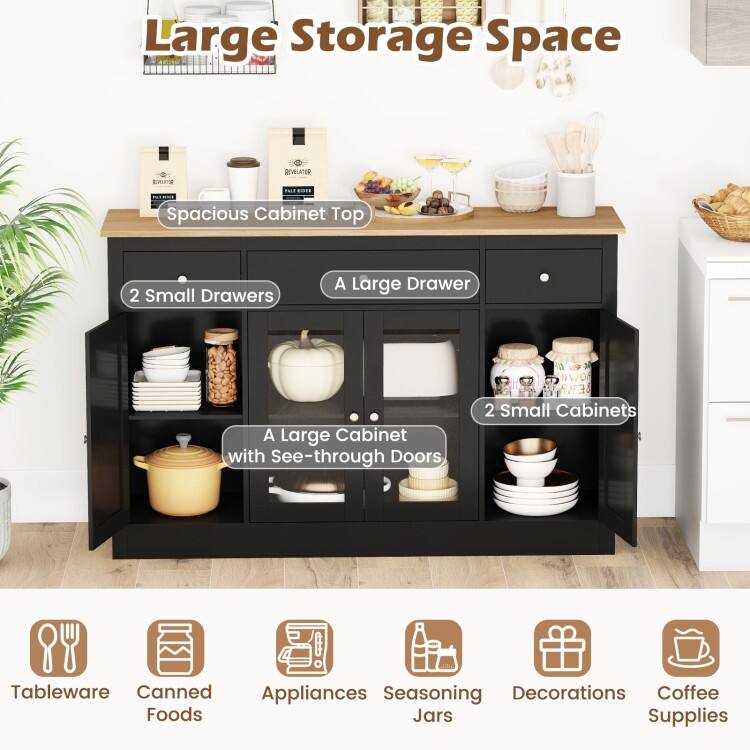 Black MDF and Engineered Wood Buffet Sideboard with Drawers and Cabinets - 55.5" × 16" × 35.5"