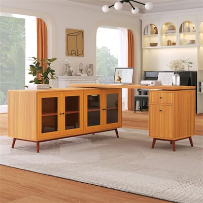Modern L-Shaped Office Executive Desk with Storage Cabinets, Drawers