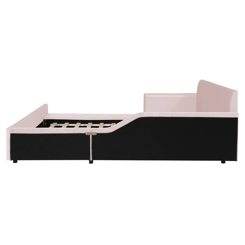 Upholstered Grounded Bed Mother & Child Bed with Bedside Desk and Little Round Stool