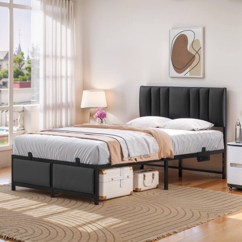Platform Bed Frame with Ajustable Upholstered Headboard, Bed with USB Port and Charge Station