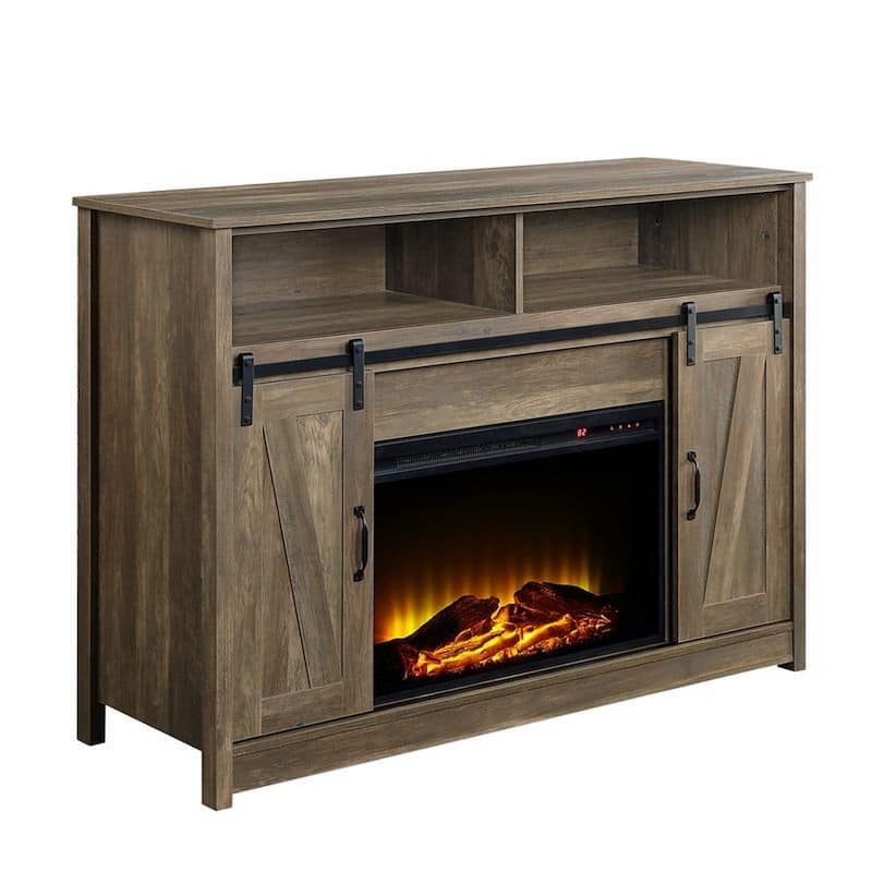 TV Stand and Fireplace with 2 Sliding Barn Doors, Rustic Brown