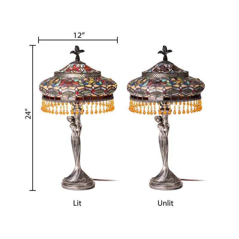 Parisian River of Goods Antique Silver Polyresin and Stained Glass Bell Shade 24-Inch Table Lamp - 12" X 12" X 24"
