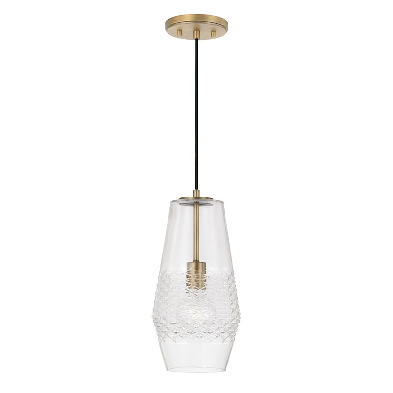 Dena 1-light Pendant w/ Diamond Embossed Glass & Black Braided Cord - Aged Brass