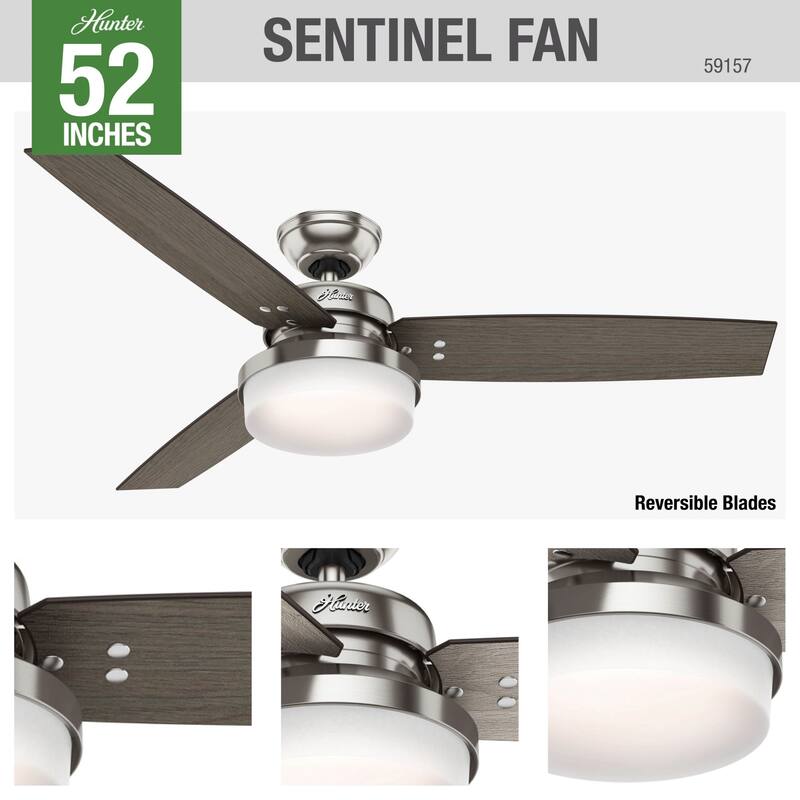 Hunter Fan Sentinel Brushed Nickel 52-inch Ceiling Fan with 3 Reversible Blades - Silver