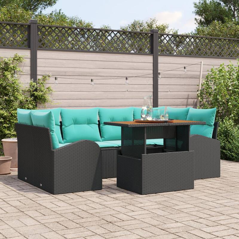 vidaXL 7 Piece Garden Sofa Set with Cushions Black Poly Rattan - 92.1×48.8×27.2