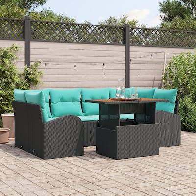 vidaXL 7 Piece Garden Sofa Set with Cushions Black Poly Rattan - 92.1×48.8×27.2
