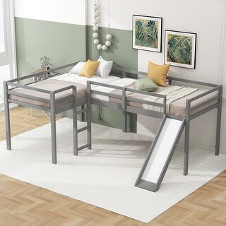 L-Shaped Twin Loft Bed with Built-in Slide and Widened Ladder for Space-Saving Corner Setup