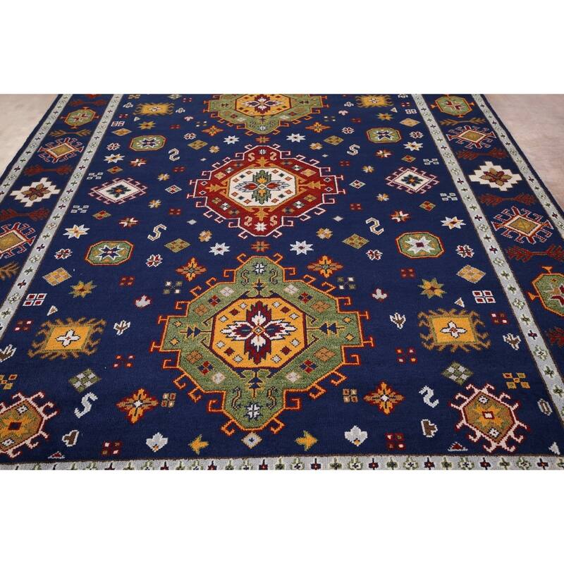 Navy Blue Geometric Kazak Oriental Area Rug Handmade Wool Carpet - 8'8" x 11'11"