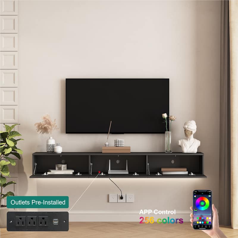 Modern Floating Wall-Mounted TV Cabinet, for 55, 60 and 65 Inch TVs, with 16-Color LED Lights, for Living Rooms, Black