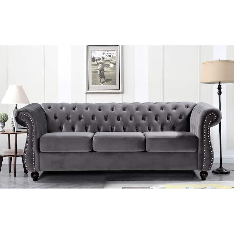 Kemos Velvet Chesterfield Sofa - Grey