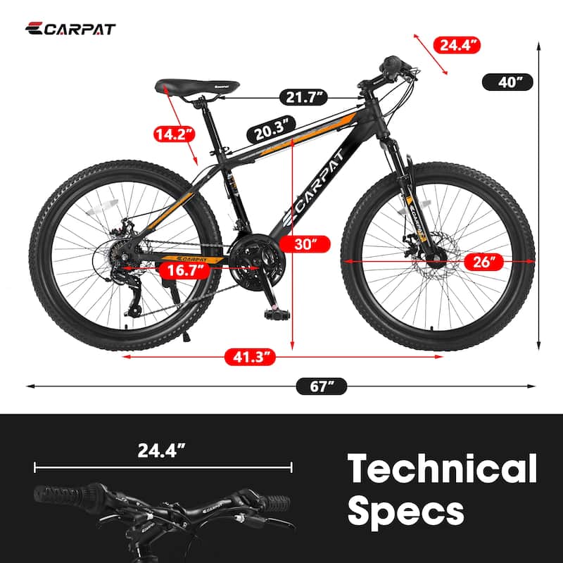26 Inch Mountain Bike, Shimano 21 Speeds with Mechanical Disc Brakes, High-Carbon Steel Frame, Suspension MTB Mountain Bicycle