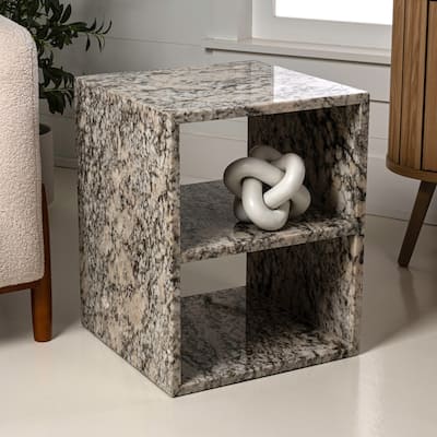 Atarah 20" Modern Natural Marble Handmade Rectangular 2-Shelf End Table, Beige/Dark Taupe, by JONATHAN Y.