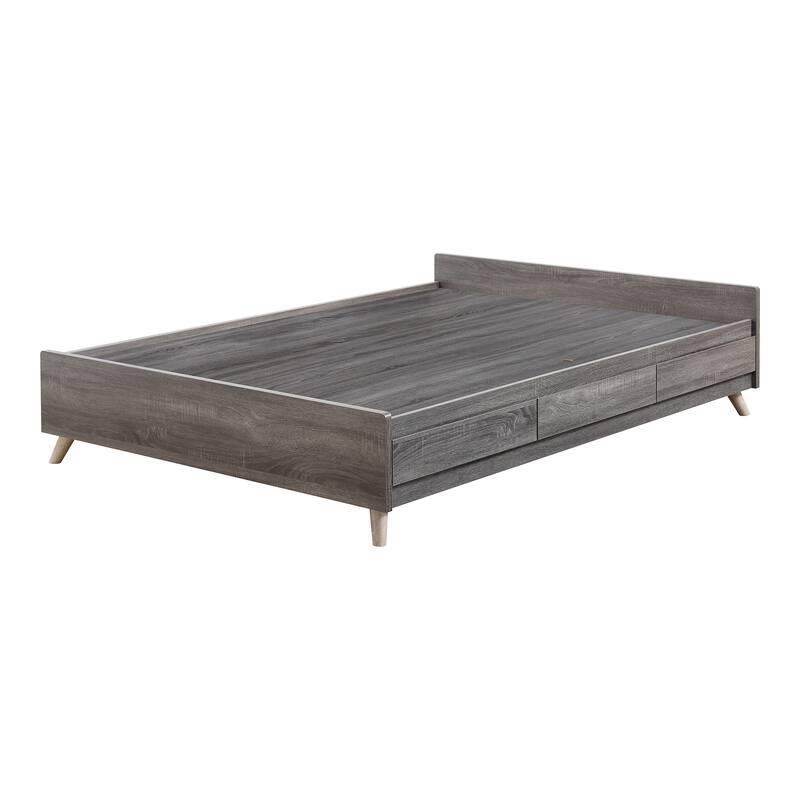 DH BASIC Mid-Century Modern Distressed Grey 3-Drawer Storage Platform Bed by Denhour