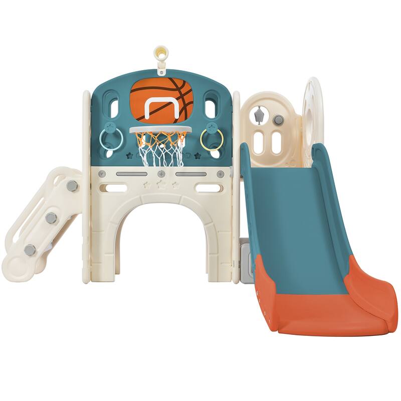 Climbing Crawling Playhouse Freestanding Arch Tunnel With Slide Ring Toss Basketball Hoop Toy Storage Organizer