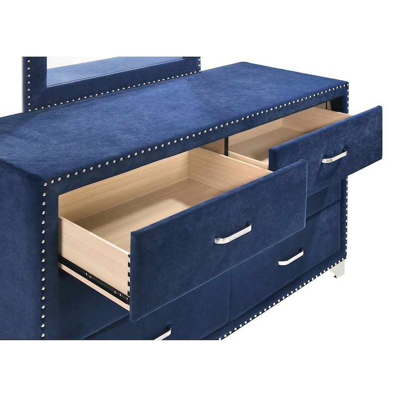 Cale 60 Inch Modern Glam Wood Dresser, 6 Drawer, Velvet, Nailhead, Blue