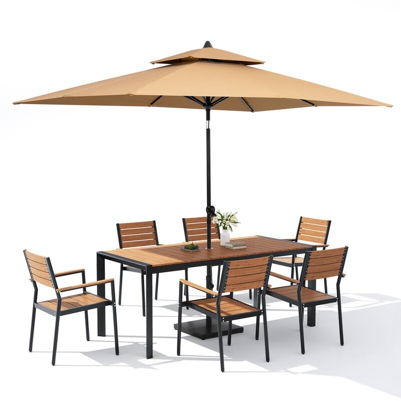 Set of 9 Outdoor Patio Dining Set WoodLike Aluminum Umbrella Hole Table with Stackable Armchairs, Market Umbrella Set
