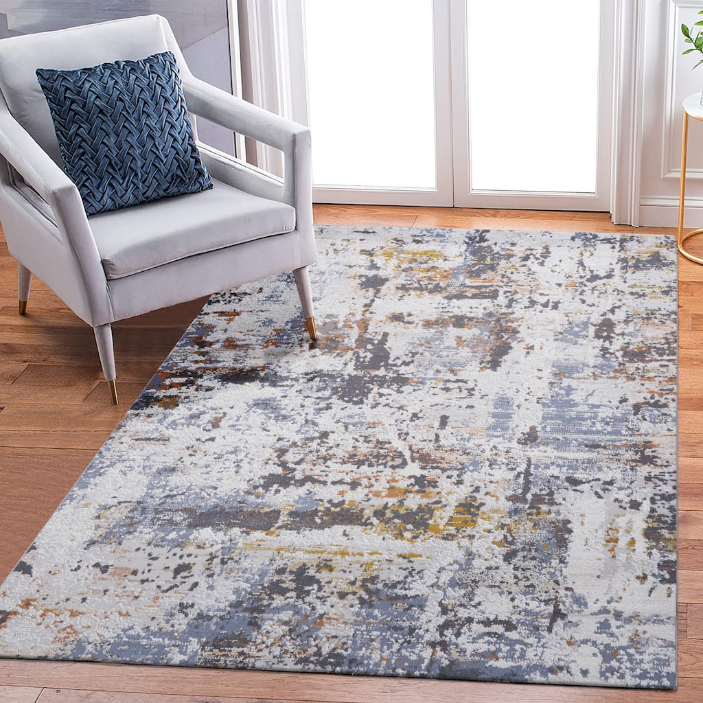 Roomfitters 8x10 Machine Washable Boho Vintage Area Rug, Non-Slip Pet Friendly Indoor Living Room Decor Carpet - Ivory+Navy