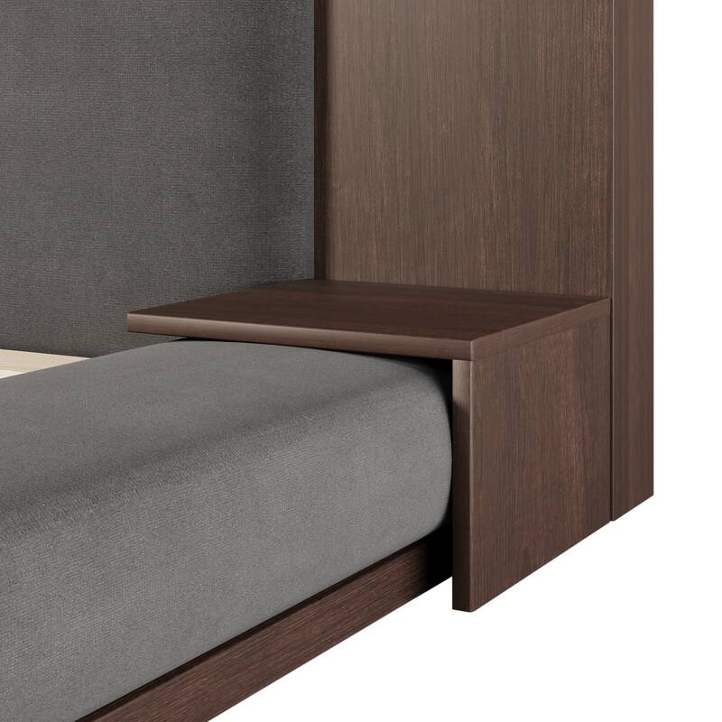 King Size Floor Bed Upholstered Bed with Extended Wood Headboard and Bedside Shelf No Box Spring Needed Grey Platform Bed