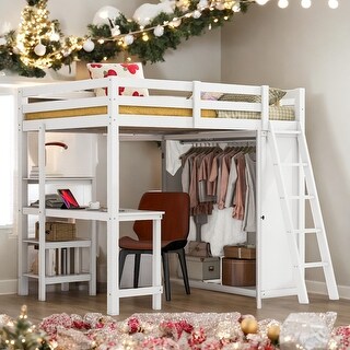 Full Size Loft Bed with Wardrobe and Desk, Maximized Space, White